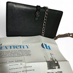 CHANEL Black Caviar Leather Wallet on Chain with Silver Chain
